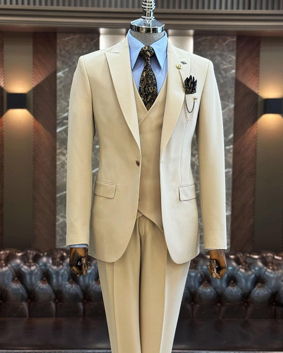 GentWith Ashburn Beige Slim Fit 3 Piece Peak Lapel Suit