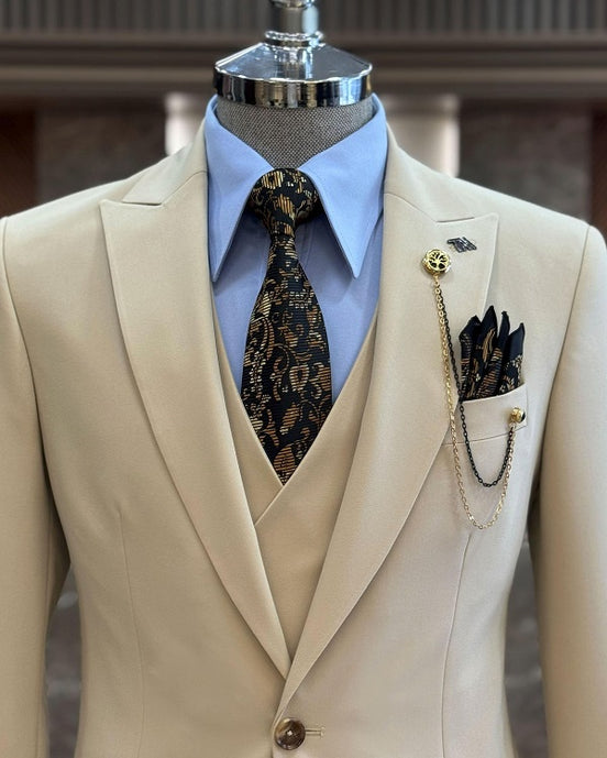 GentWith Ashburn Beige Slim Fit 3 Piece Peak Lapel Suit
