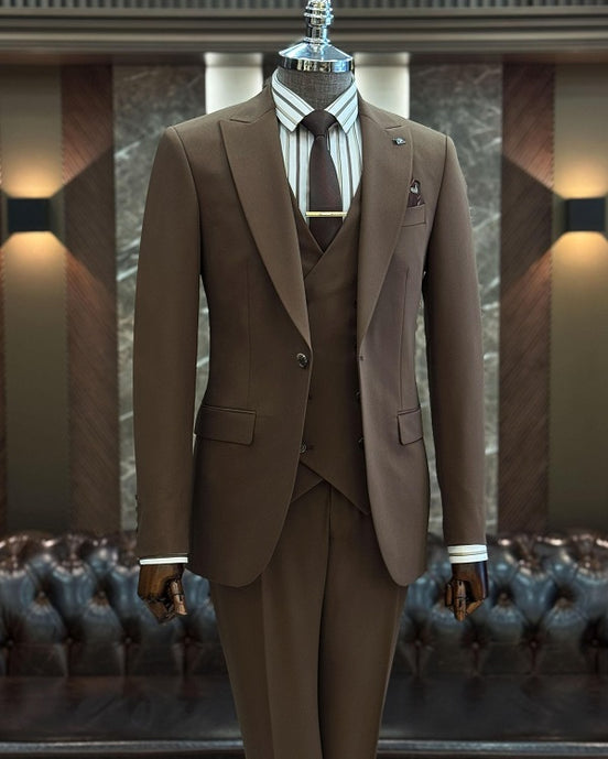 GentWith Ashburn Brown Slim Fit 3 Piece Peak Lapel Suit