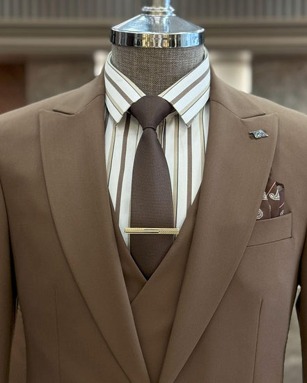 GentWith Ashburn Brown Slim Fit 3 Piece Peak Lapel Suit