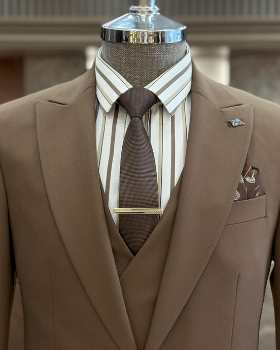 GentWith Ashburn Brown Slim Fit 3 Piece Peak Lapel Suit