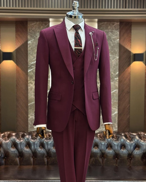GentWith Ashburn Burgundy Slim Fit 3 Piece Peak Lapel Suit