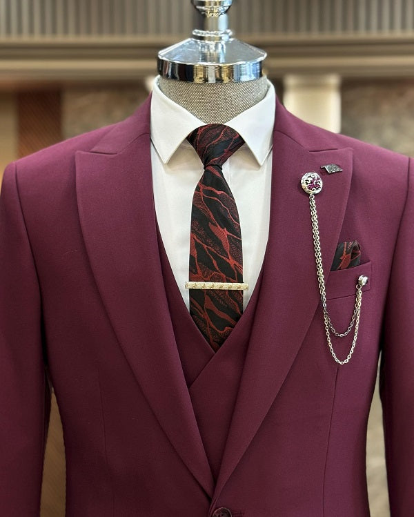 GentWith Ashburn Burgundy Slim Fit 3 Piece Peak Lapel Suit