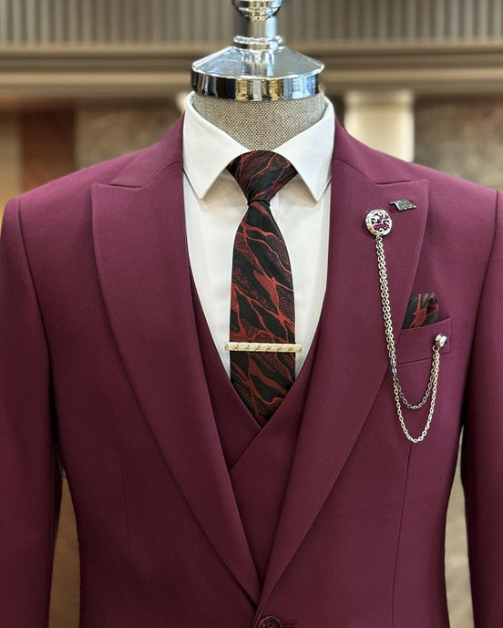 GentWith Ashburn Burgundy Slim Fit 3 Piece Peak Lapel Suit