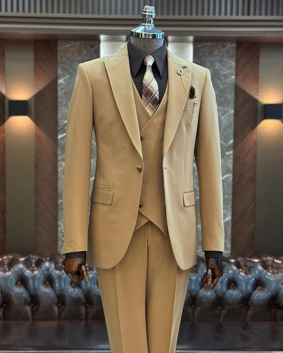 GentWith Ashburn Camel Slim Fit 3 Piece Peak Lapel Suit