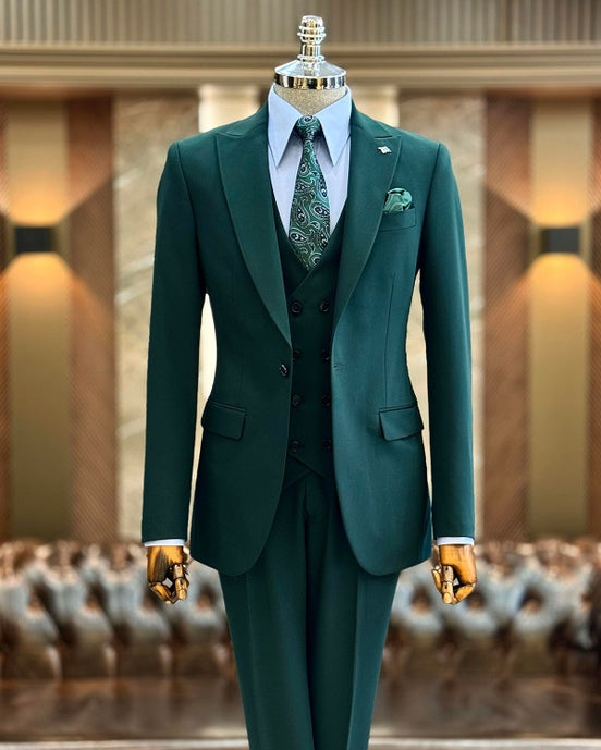 GentWith Ashburn Green Slim Fit 3 Piece Peak Lapel Suit