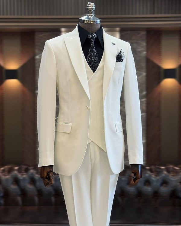GentWith Ashburn White Slim Fit 3 Piece Peak Lapel Suit