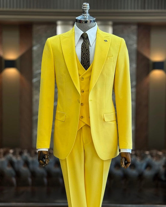 GentWith Ashburn Yellow Slim Fit 3 Piece Peak Lapel Suit