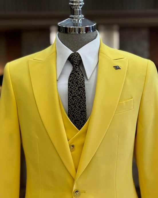 GentWith Ashburn Yellow Slim Fit 3 Piece Peak Lapel Suit