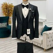 Deerfield Black Slim Fit Peak Lapel Floral Tuxedo