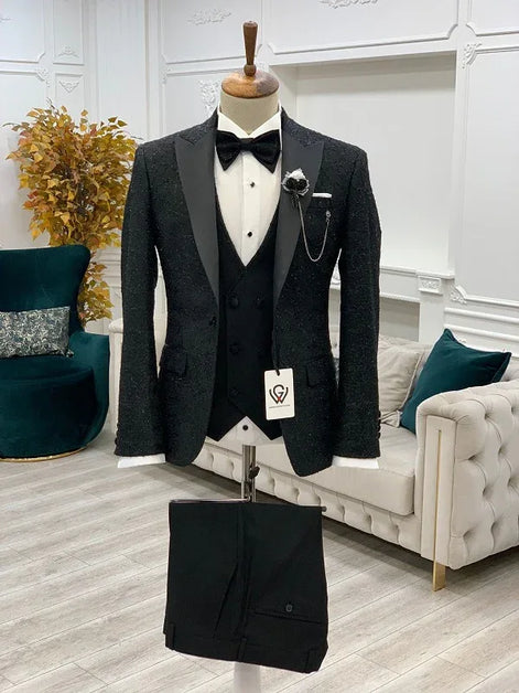 Deerfield Black Slim Fit Peak Lapel Floral Tuxedo