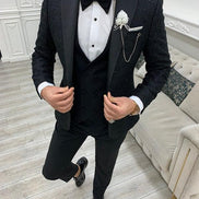 Deerfield Black Slim Fit Peak Lapel Floral Tuxedo