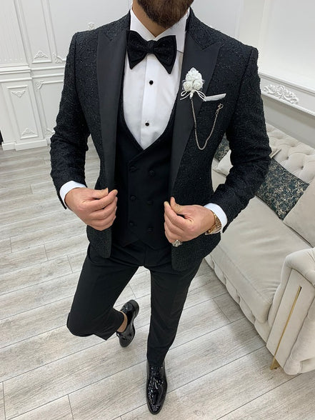 Deerfield Black Slim Fit Peak Lapel Floral Tuxedo