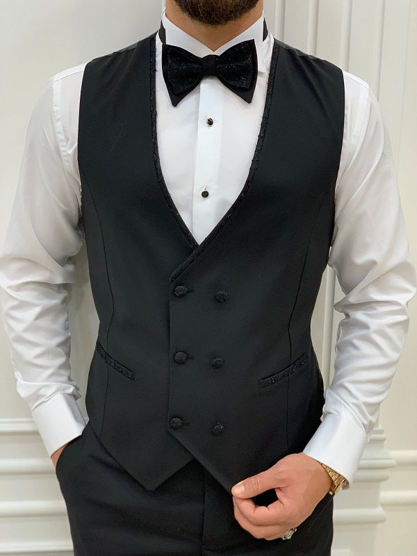 Deerfield Black Slim Fit Peak Lapel Floral Tuxedo