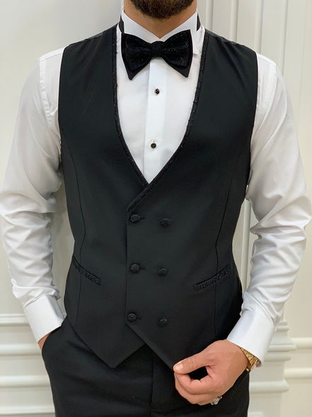 Deerfield Black Slim Fit Peak Lapel Floral Tuxedo
