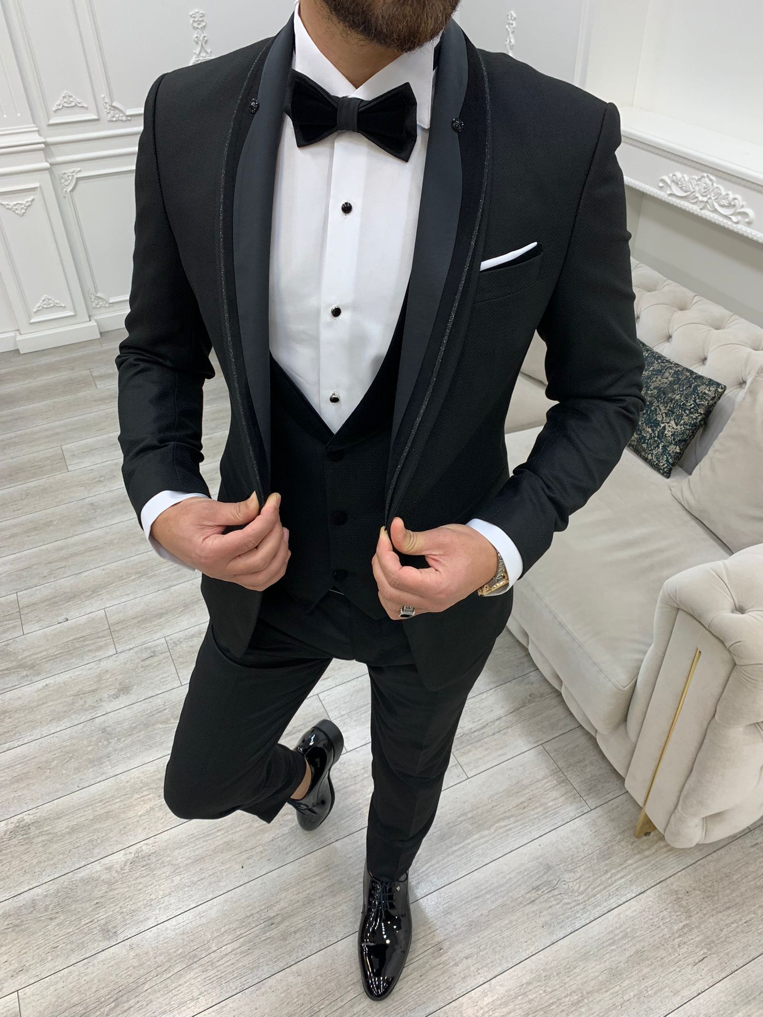 Deerfield Slim Fit Velvet Shawl Button Lapel Black Tuxedo