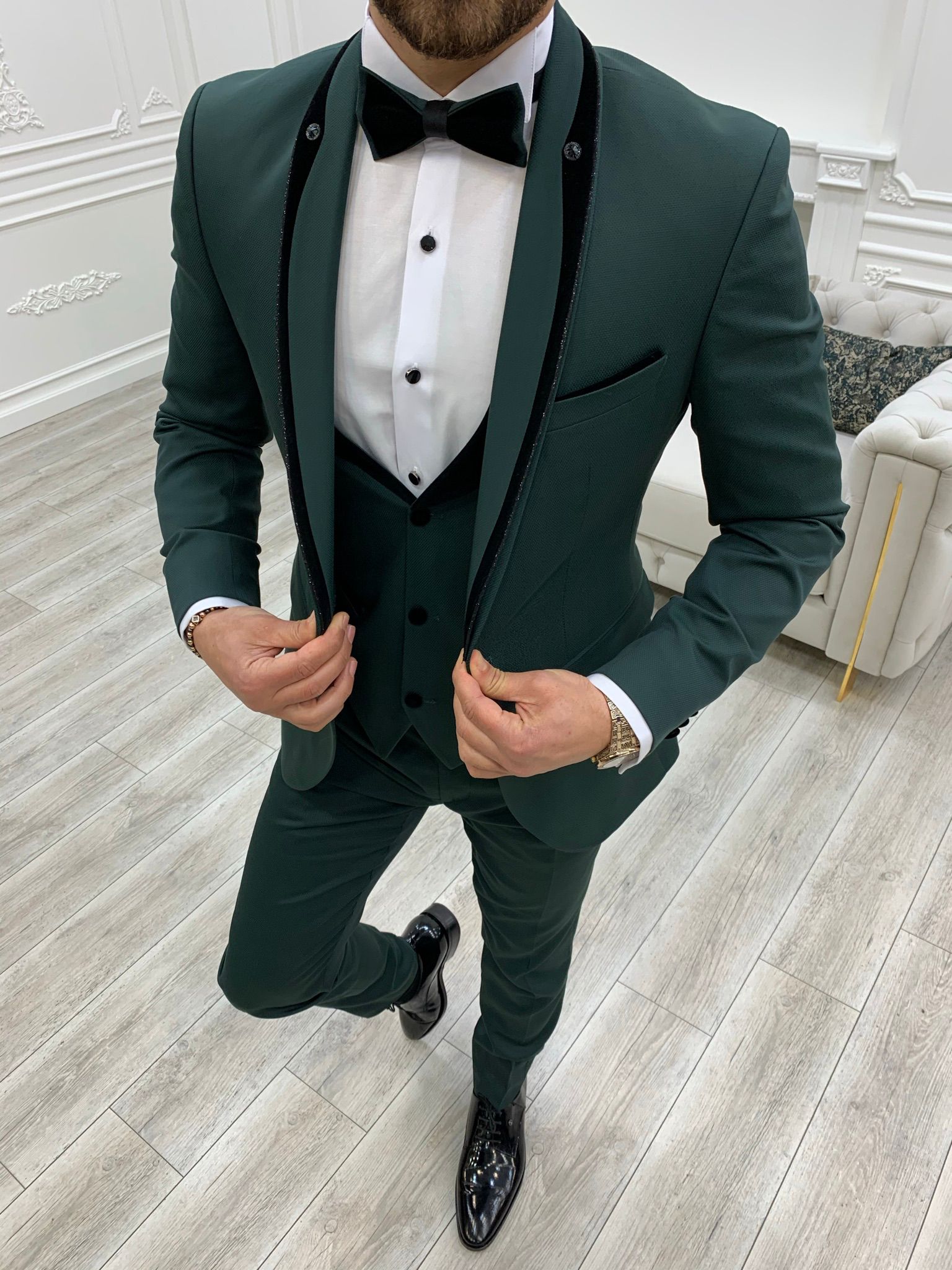 Deerfield Slim Fit Velvet Shawl Button Lapel Green Tuxedo