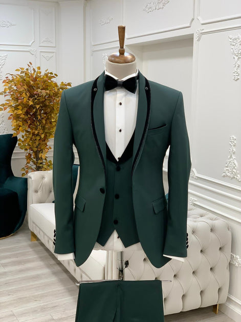 Deerfield Slim Fit Velvet Shawl Button Lapel Green Tuxedo