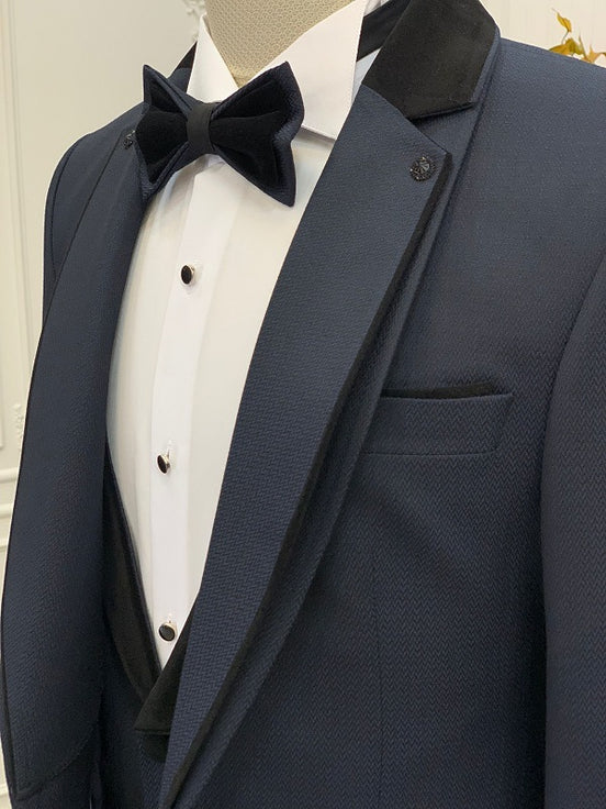 Navy Blue Slim Fit Three Piece Notch Lapel Wedding Groom Tuxedo Suit for Men by GentWith.com with Free Worldwide Shipping
