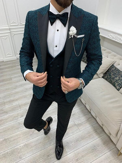 Deerfield Slim Fit Floral Patterned Teal Green Tuxedo