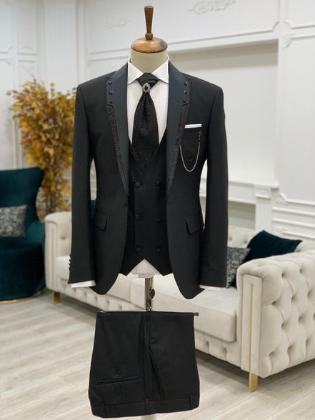 Destin Slim Fit Glitter Peak Lapel Black Wedding Suit