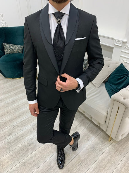 Destin Slim Fit Shawl Lapel Black Wedding Suit