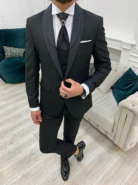 Destin Slim Fit Shawl Lapel Black Wedding Suit