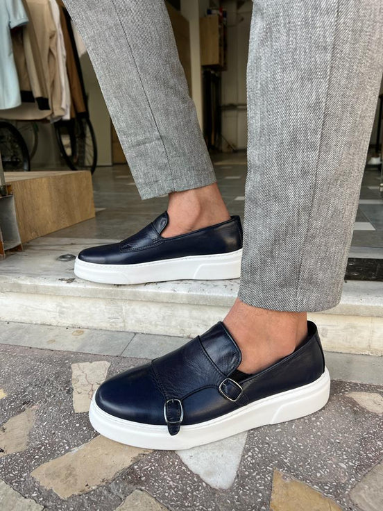 Navy Blue Double Monk Strap Shoes