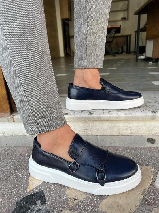 Navy Blue Double Monk Strap Shoes