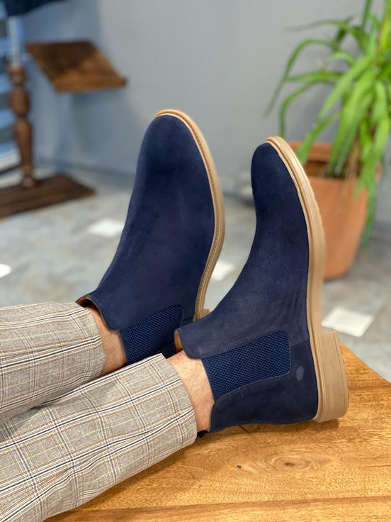 Navy Blue Suede Chelsea Boots