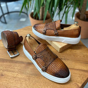 Edmond Tan Woven Leather Double Monk Strap Shoes