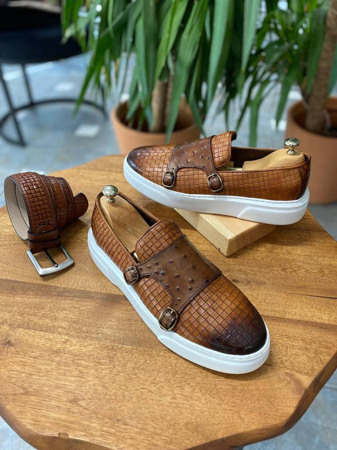 Edmond Tan Woven Leather Double Monk Strap Shoes
