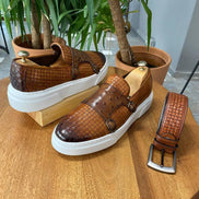 Edmond Tan Woven Leather Double Monk Strap Shoes