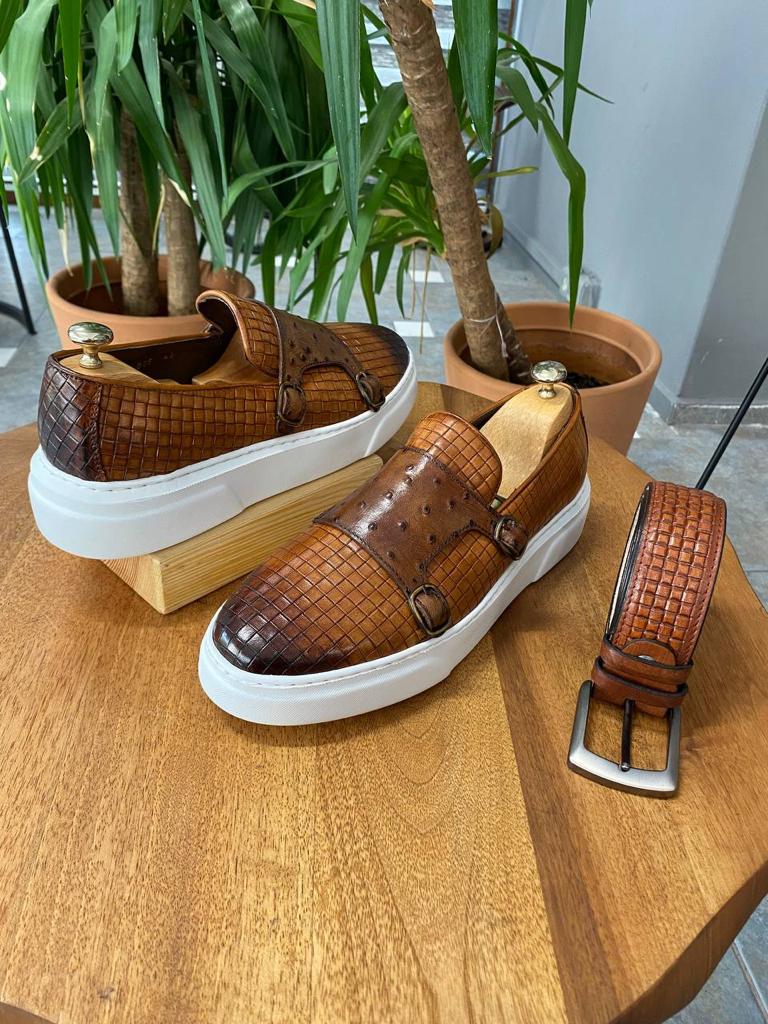 Edmond Tan Woven Leather Double Monk Strap Shoes