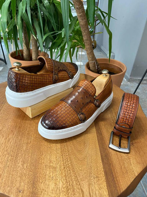 Edmond Tan Woven Leather Double Monk Strap Shoes