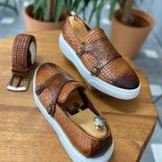 Edmond Tan Woven Leather Double Monk Strap Shoes