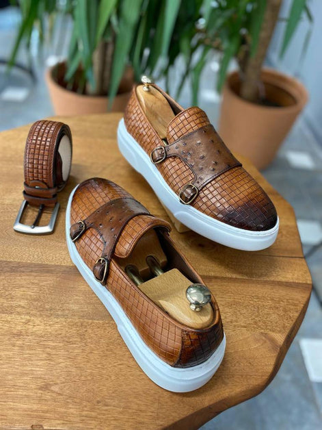 Edmond Tan Woven Leather Double Monk Strap Shoes