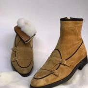 Elko Suede Leather Double Buckle Beige Ankle Boots