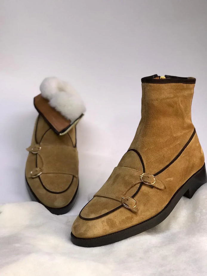 Elko Suede Leather Double Buckle Beige Ankle Boots