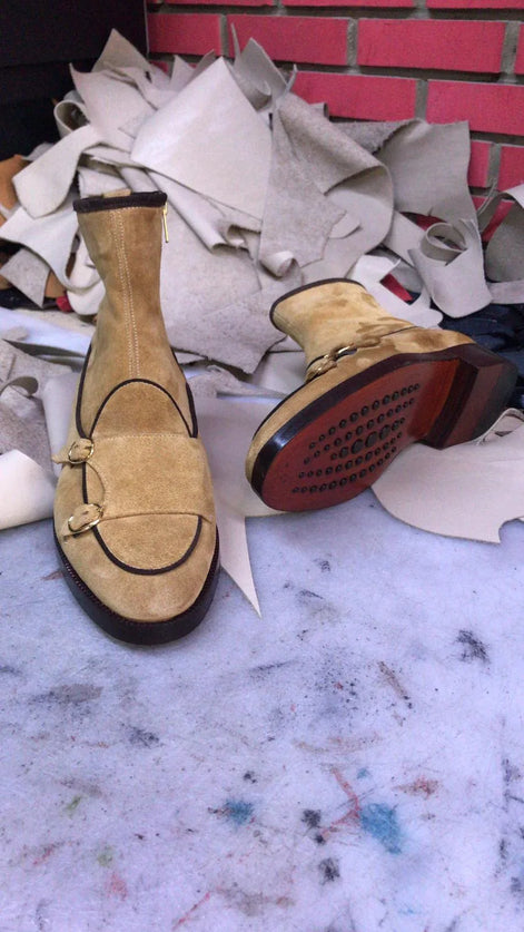 Elko Suede Leather Double Buckle Beige Ankle Boots