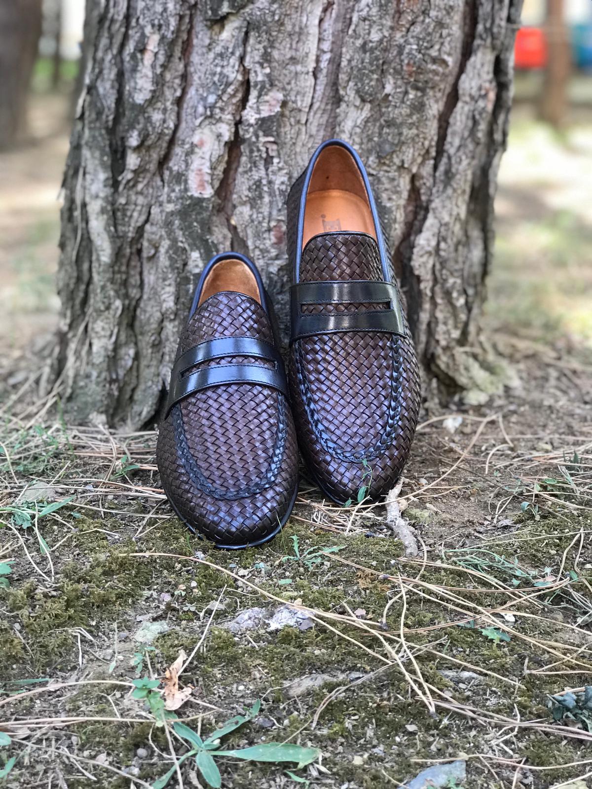 Elko Woven Leather Brown Loafers