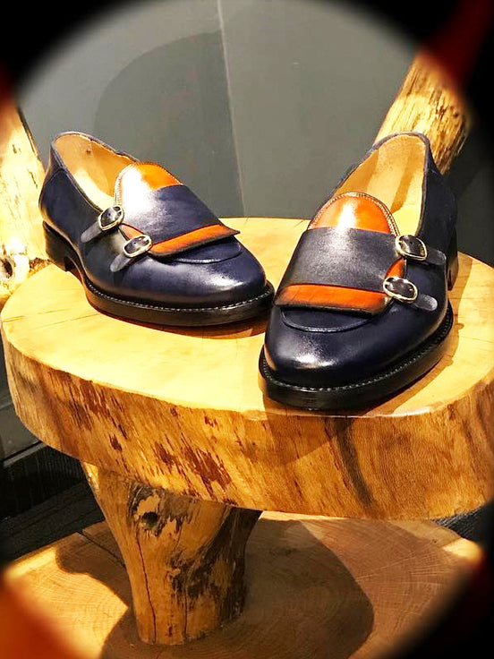 Navy Blue Double Monk Strap Shoes