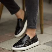 Empire Black Crocodile Pattern Monk Strap Shoes