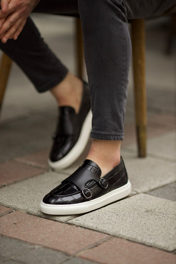 Empire Black Crocodile Pattern Monk Strap Shoes
