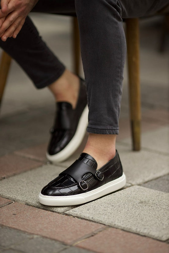 Black Crocodile Pattern Monk Strap Shoes