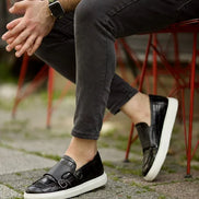 Empire Black Crocodile Pattern Monk Strap Shoes