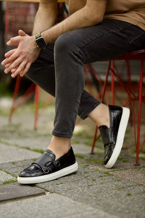 Empire Black Crocodile Pattern Monk Strap Shoes