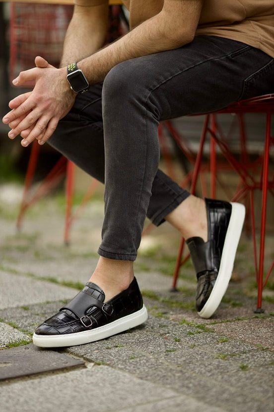 Black Crocodile Pattern Monk Strap Shoes for Men