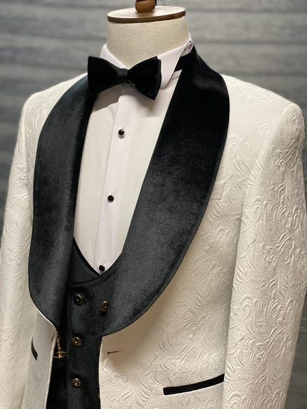 Empire Black & White Slim Fit Velvet Shawl Lapel Wool Tuxedo