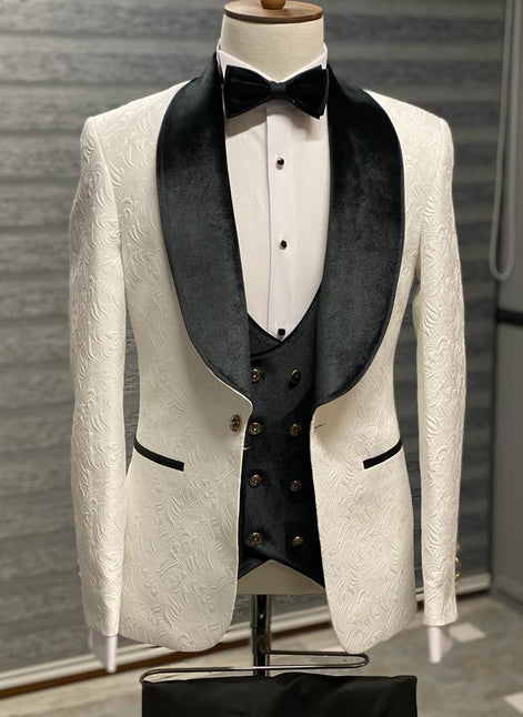 Empire Black & White Slim Fit Velvet Shawl Lapel Wool Tuxedo